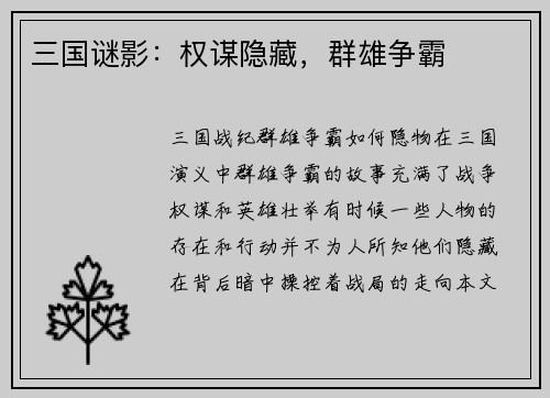 三国谜影：权谋隐藏，群雄争霸
